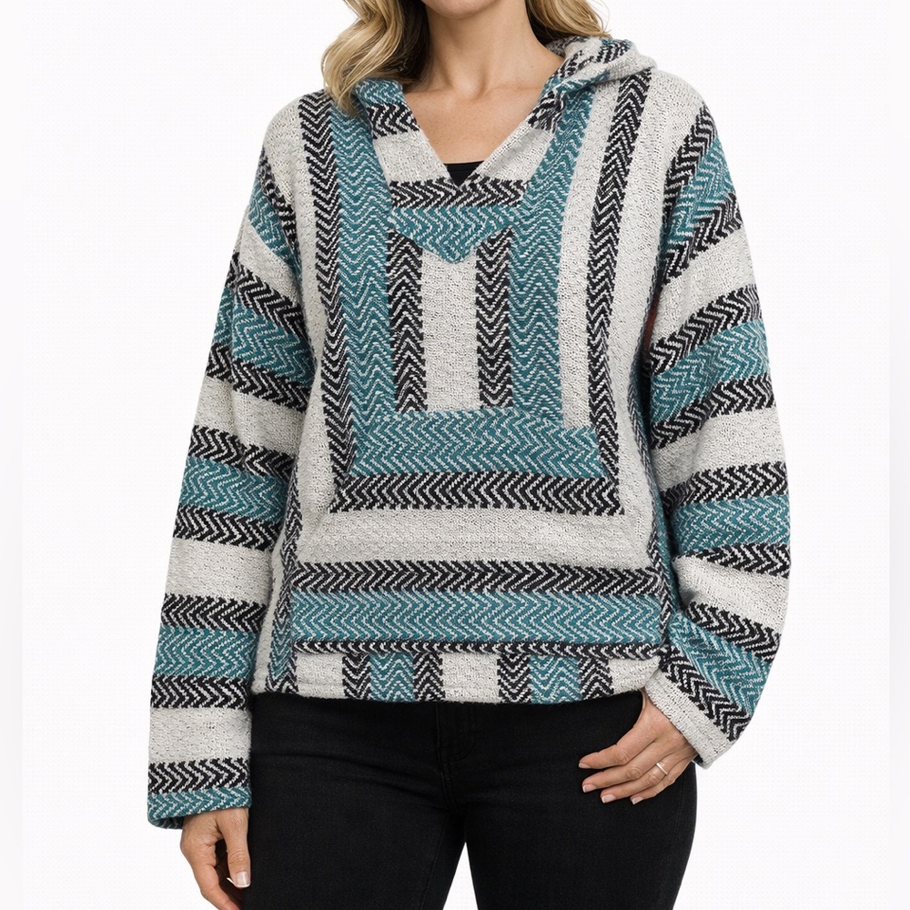 EUC Baja Joe Size Large Boho Striped Teal and Black Women's Sweater Hoodie